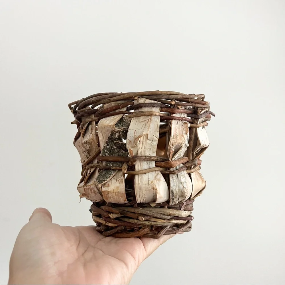 Handcrafted Birch Bark Basket Woven Natural Planter Small Brown